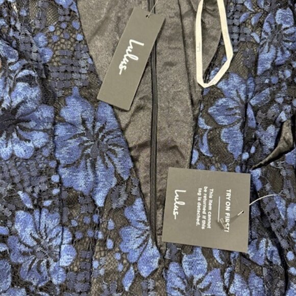 NWT Lulus Divinely Dramatic Black and Navy Blue Lace Midi Dress - Picture 7 of 9